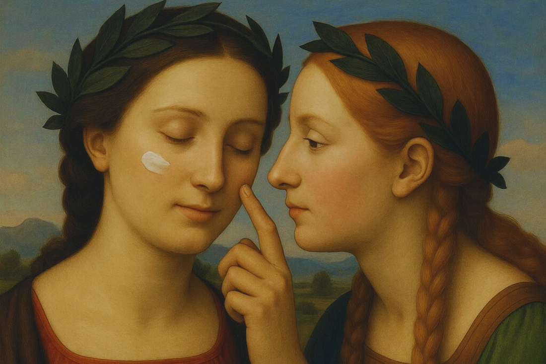Painting of two young women with laurel wreaths, one gently applying cream to the other's cheek, set against a serene landscape.