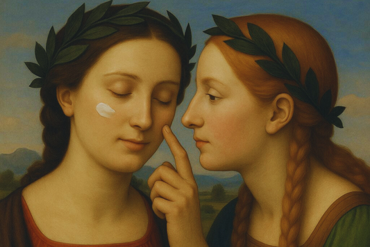 Painting of two young women with laurel wreaths, one gently applying cream to the other's cheek, set against a serene landscape.