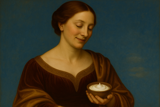 Old-style painting of a woman looking at a jar of moisturising cream